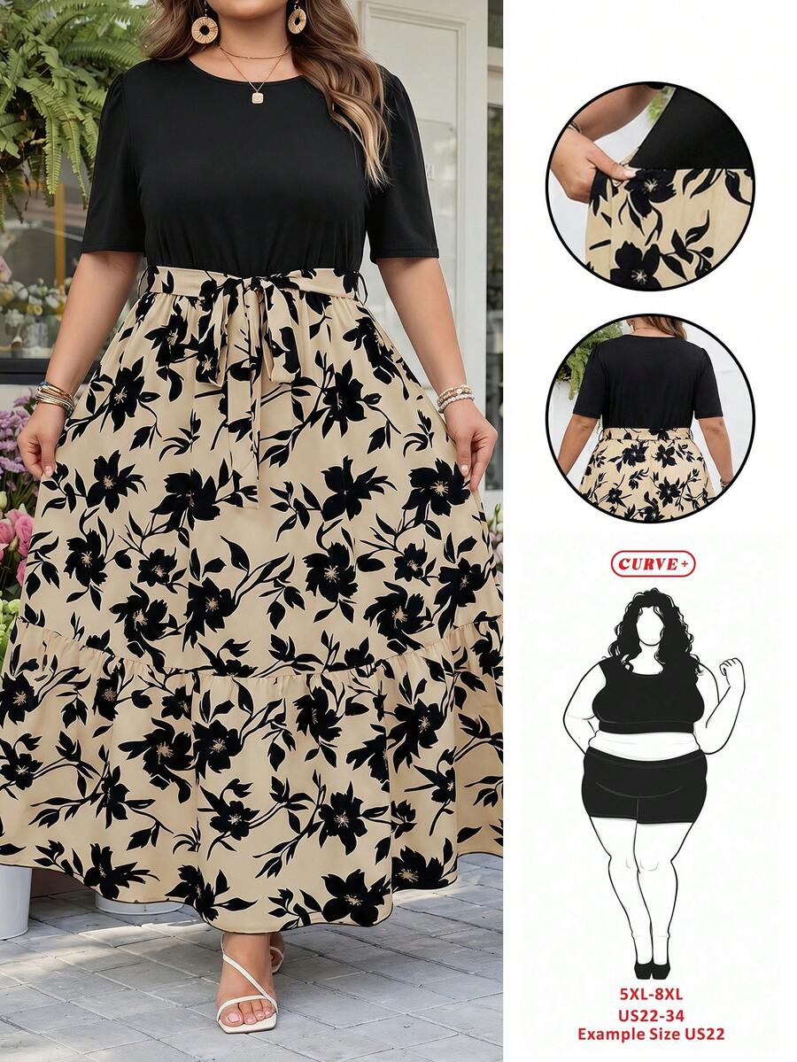 SHEIN CURVE+ 大码夏季休闲拼接印花圆领短袖连衣裙 - 杏色 - 查看 1