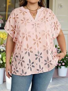 SHEIN CURVE+ Plus Size Solid Color Floral Print Short Sleeve Shirt - Pink - View 8