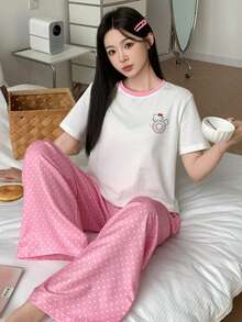 HELLO KITTY | DAZY 女士可爱卡通印花圆领短袖上衣和波点休闲家居裤睡衣套装，夏季 - 白色 - 查看 7