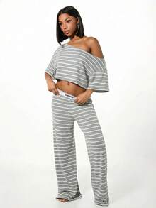 SUMWON WOMEN 女士条纹露肩休闲上衣，舒适宽松版型，周末休闲穿着，柔软罗纹针织面料 - 淺灰色 - 查看 5