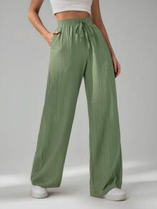 SHEIN Tall Women's Solid Color Casual Pants - Olive Green - View 4