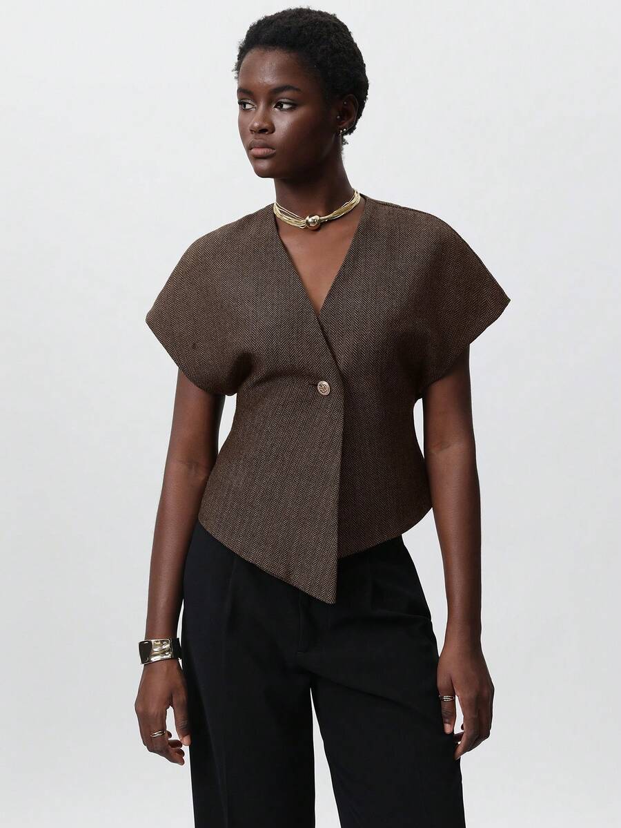 Zanirela Minimalist Deconstructed Oversized V-Neck Single-Button Cardigan, Asymmetric Hem Design, Sleeveless Blouse, Workwear For Women, Suitable For Commuting, Summer & Autumn - Brown - View 1
