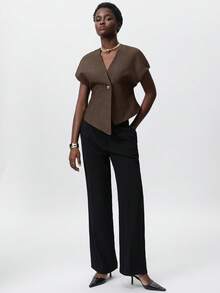 Zanirela Minimalist Deconstructed Oversized V-Neck Single-Button Cardigan, Asymmetric Hem Design, Sleeveless Blouse, Workwear For Women, Suitable For Commuting, Summer & Autumn - Brown - View 3