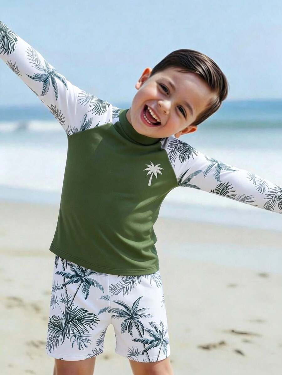 SHEIN Young Boys Swimwear,White & Green Palm Tree Print Long Sleeve Rash Guard Top & Swim Trunks Set,Summer Beach Holiday Hawaiian Style Pool Surfing