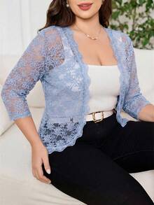 Reflora Plus Size Women Lace Patchwork Casual Versatile Lightweight Cardigan Fall - Baby Blue - View 1