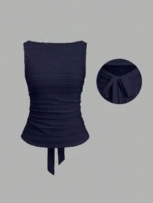Sweetra Camiseta sin espalda de unicolor casual para mujer en verano - Azul Marino - Ver 1