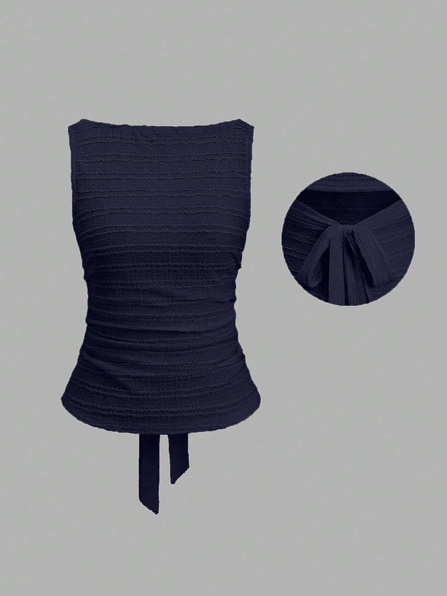 Sweetra Camiseta sin espalda de unicolor casual para mujer en verano - Azul Marino - Ver 1