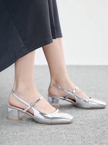 CUCCOO BIZCHIC 女士经典简约方跟高跟鞋，漆皮材质，适合全球四季通勤、优雅基础款度假、节日、办公、户外日常穿着，百搭实用 - 銀色 - 查看 5