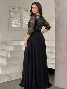 Modelyn Đầm dạ hội dài tay dáng chữ A bằng chiffon thêu họa tiết, cổ tròn, thanh lịch dành cho nữ, thích hợp làm đầm dự đám cưới, đầm tốt nghiệp và đầm phù dâu. - màu đen - Xem 3