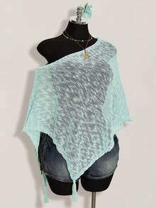 SHEIN ICON Plus Size Women Fringe Knit Sweater - Baby Blue - View 7