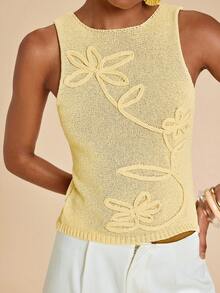 Travachic Yellow 3D Floral Knit Vest, Casual Summer - Yellow - View 1