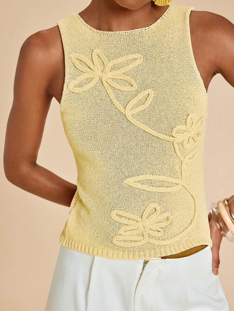Travachic Yellow 3D Floral Knit Vest, Casual Summer - Yellow - View 1