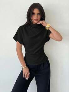 Firerie Wrinkled Collar Asymmetrical Sleeve Side Ruched Cinched Waist Commuter Apricot Bamboo Fiber Linen Blouse For Women, All Season,Summer Top - Black - View 4
