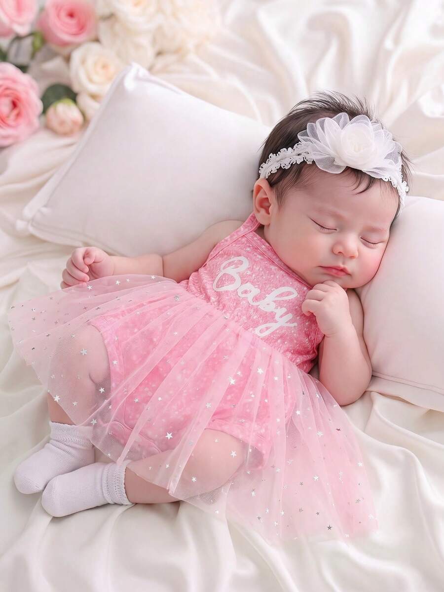 SHEIN Ținută și recuzită pentru ședință foto pentru bebeluși, primăvară/vară, plină de farmec, elegantă, drăguță, cu litere amuzante, paiete, stea, plasă