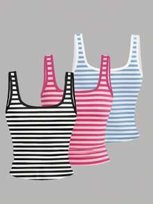 EMERY ROSE 3pcs Plus Size Women's Casual Solid Color & Full Printed Pattern Sleeveless Vest Set, Summer - Multicolor - View 1