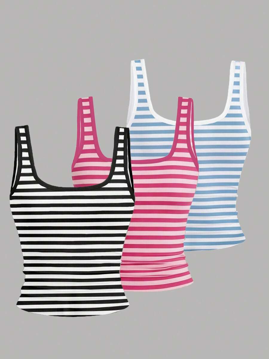 EMERY ROSE 3pcs Plus Size Women's Casual Solid Color & Full Printed Pattern Sleeveless Vest Set, Summer - Multicolor - View 1