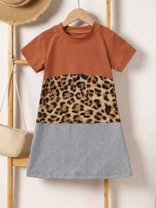 SHEIN Young Girl Cut And Sew Leopard Tee Dress - Multicolor - View 1