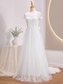 Lace Patchwork Flared Dress,White Round Neck Short Sleeve,Summer Elegant Civil Wedding Wedding Guest Bride Gown For Teenagers Teen Girls,Graduation - White - View 6