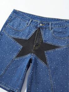 Street Life Men's Rhinestone Five-Pointed Star Pattern Pocket Casual Denim Shorts - Blue - View 3