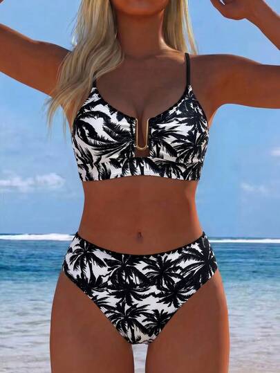 Swim Lushoire Conjunto de bikini de cintura alta con estampado de palmeras en blanco y negro, tirantes finos, hebilla metálica en forma de U y ribete floral, para un look maduro y estilizante de vacaciones