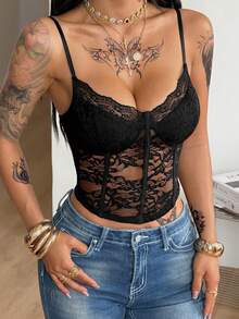 Coolane Women's Summer Concert Outfit Streetwear Y2k Casual Date Night Sexy Party Daily Wear Contrast Lace Crop Sleeveless Corset Tank Tops - Black - View 3