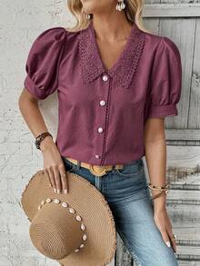 EMERY ROSE Solid Color Regular Shoulder Petal Sleeve Front Button Loose Casual Summer Shirt - Purple - View 5