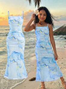 SHEIN Teen Girl/Teen Girls Floral Pattern Mesh Ruched Cami Dress - Blue - View 8
