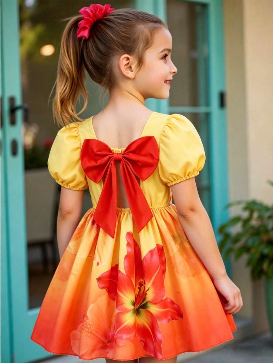 SHEIN Elladie kids 女童漸層色甜美泡泡袖洋裝,附可拆式蝴蝶結,休閒度假穿搭 - 黃色 - 查看 1