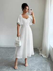 Modelyn Women's Solid Butter Yellow Chiffon Ruffle Sleeve Design Summer French Style Vacation Dress - White - View 8