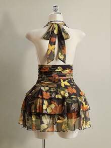 SHEIN ICON Plus Size Leopard Print Halter Neck Ruched Waist Multi-Layered Mesh Dress - Multicolor - View 9