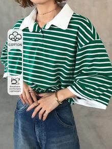 FRIFUL Camiseta de manga corta con cuello polo y media cremallera, de corte holgado y con rayas, con cuello en contraste, para verano - Verde - Ver 1