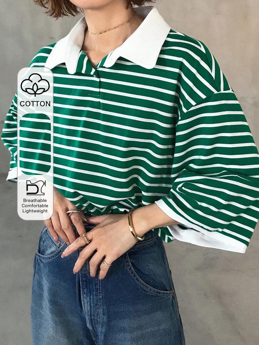 FRIFUL Camiseta de manga corta con cuello polo y media cremallera, de corte holgado y con rayas, con cuello en contraste, para verano - Verde - Ver 1