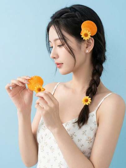 Joivida 2Pcs Summer Orange Scallop Shell Daisy Hair Clips, Fresh Sweet Beach Vacation Style Hair Accessories, Cute Handmade Small Daisy Flower Hair Pins, Niche Versatile Vibrant Atmosphere Hair Barrettes For Women Girls, Bohemian Tropical Holiday Hair Decor, Orange Seashell Hair Clips For Daily Wear Party Beach Travel, Aesthetic Y2K Hair Accessories For Gift, Fashion Hair Styling Tools For Long Short Hair