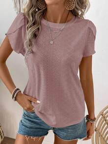 EMERY ROSE Women's Solid Color Round Neck Casual Versatile Daily Wear Short Sleeve T-Shirt - Pink - View 4