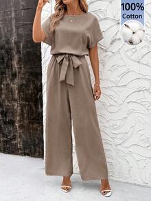 SHEIN Clasi Elegante tuta corta estiva da donna in lino blu, con maniche a sbuffo e vita annodata, adatta a varie occasioni, viaggi quotidiani, uscite, ecc. Outfit modesti da donna in 2 pezzi, coordinati casual e raffinati, adatti a donne di taglia piccola - Moka Marrone - Visualizzare 5
