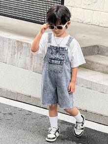 SHEIN Little Byeori Young Boy Blue Denim Bib Shorts Jumpsuit Overalls With Pockets,Summer Career Day Fashion Soft Kids Retro Outfits,Graphic Jeans Toddler Casual Jumpsuit - Medium Wash - View 5
