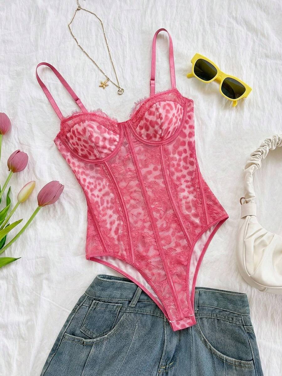 Soleia Leopard Print Bustier Lace Trim Camisole, Sexy Vacation, Party, Date, Valentine's Day, Afternoon Tea Wear - Pink - View 1