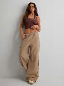 Women Casual Solid Color Parachute Fabric Pants - Mocha Brown - View 3