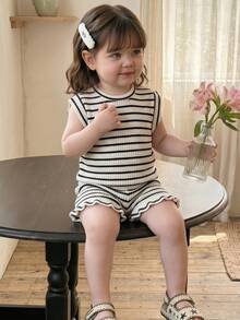 Playful Pals 2pcs/Set Baby Girl 0-3Y Spring Summer Casual Daily Vacation Textured Knit Black & White Striped Ruffle Sleeve Round Neck T-Shirt And Shorts Set - Black and White - View 1