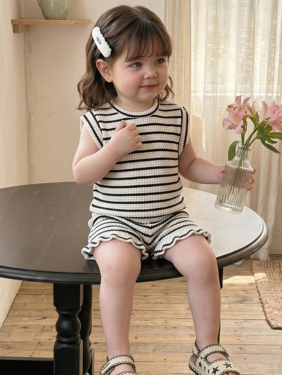 Playful Pals 2pcs/Set Baby Girl 0-3Y Spring Summer Casual Daily Vacation Textured Knit Black & White Striped Ruffle Sleeve Round Neck T-Shirt And Shorts Set - Black and White - View 1