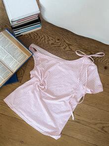 DAZY Camiseta asimétrica de hombro ajustada con lunares para mujer, con cintura ceñida, adecuada para primavera y verano - Rosa - Ver 4