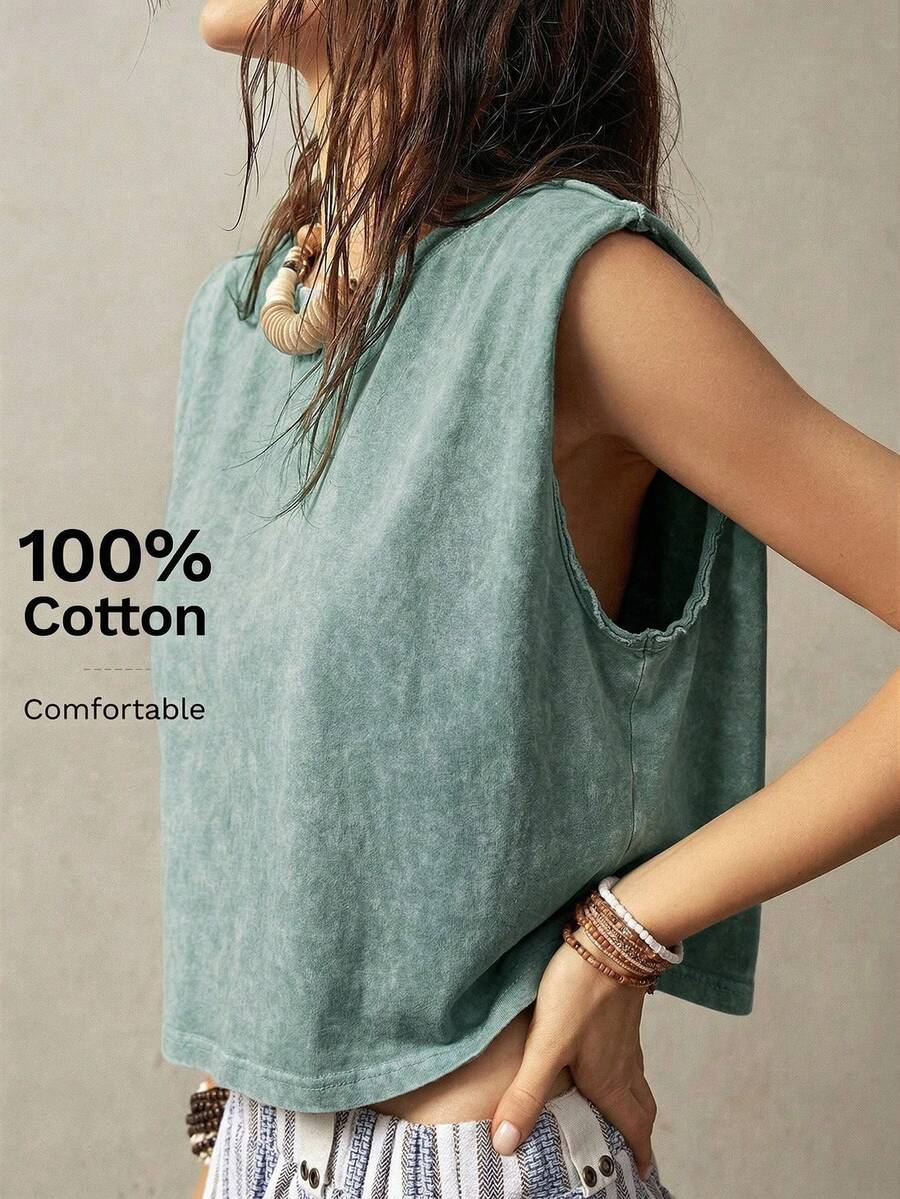 Bohemela Áo tank top không tay cổ tròn dành cho nữ đi nghỉ mát - Màu xanh lá cây đậm - Xem 1