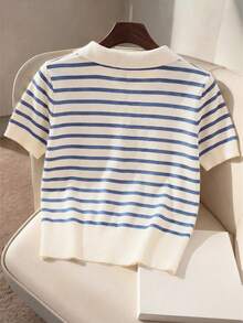 Franclia New Commuting Chic Design Turndown Collar Contrast Color Classic Striped Decor Matching Delicate Metal Button Loose Short Sleeve Knit Top - Multicolor - View 2