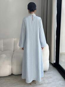 Đầm maxi dài kiểu Thổ Nhĩ Kỳ thanh lịch, cổ đứng, tay loe dành cho nữ, áo choàng dài truyền thống Ả Rập. - Màu xanh nhạt - Xem 2