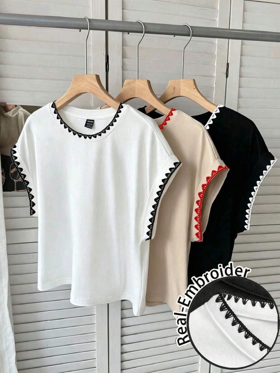 SHEIN LUNE 3pcs Women Casual Solid Color Basic Outfit Short Sleeve T-Shirt - Multicolor - View 1