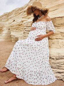 Boho Mama 孕妇印花露肩短袖时尚连衣裙，适合度假 - 彩色 - 查看 6