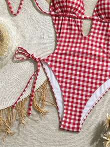 Soleia Women's One-Piece Backless Red Plaid Print Beach Vacation Outfit - Multicolor - View 5
