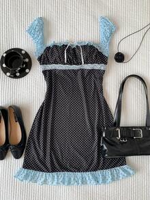 Vestido de mujer con estampado de lunares y parches de encaje - Negro - Ver 4