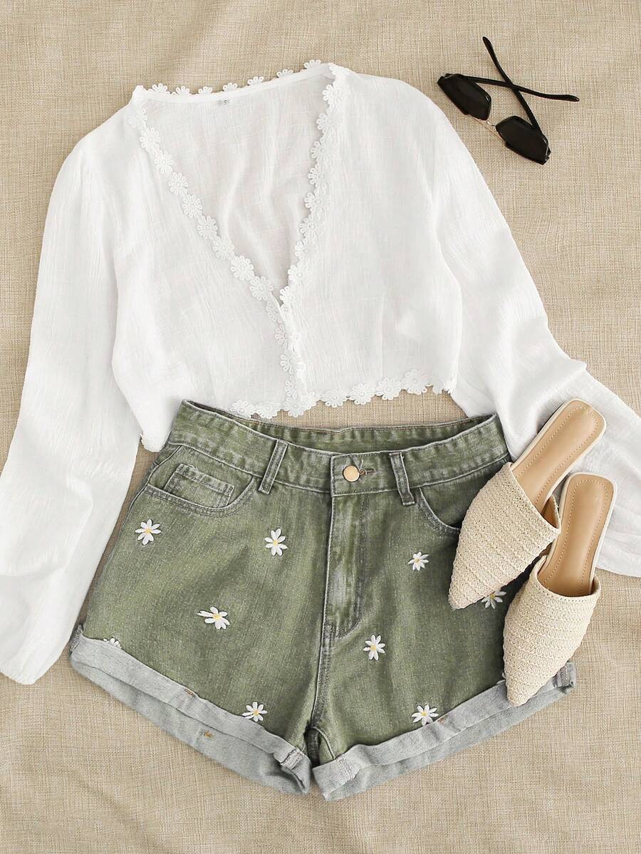 SHEIN Essnce Women's Summer Cuffed Denim Shorts With Belt Loops - Army Green - View 1