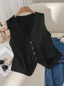 CosyJoli 大码女装春夏时尚休闲宽松优雅舒适日常黑色刺绣镂空透视背心，复古富贵风，波西米亚风，度假装扮，外出上衣，西式女装，欧式夏季，办公装，早午餐装，可爱夏日上衣，夏季上衣 - 黑色 - 查看 1